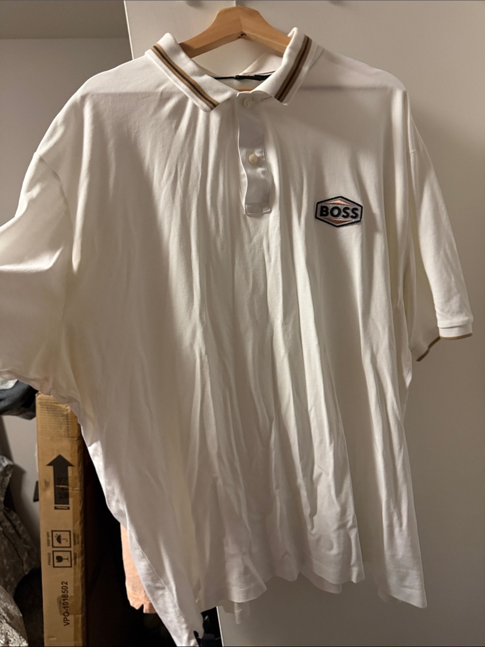 Hugo Boss White Polo with Tan Stripe Collar and Chest Logo
